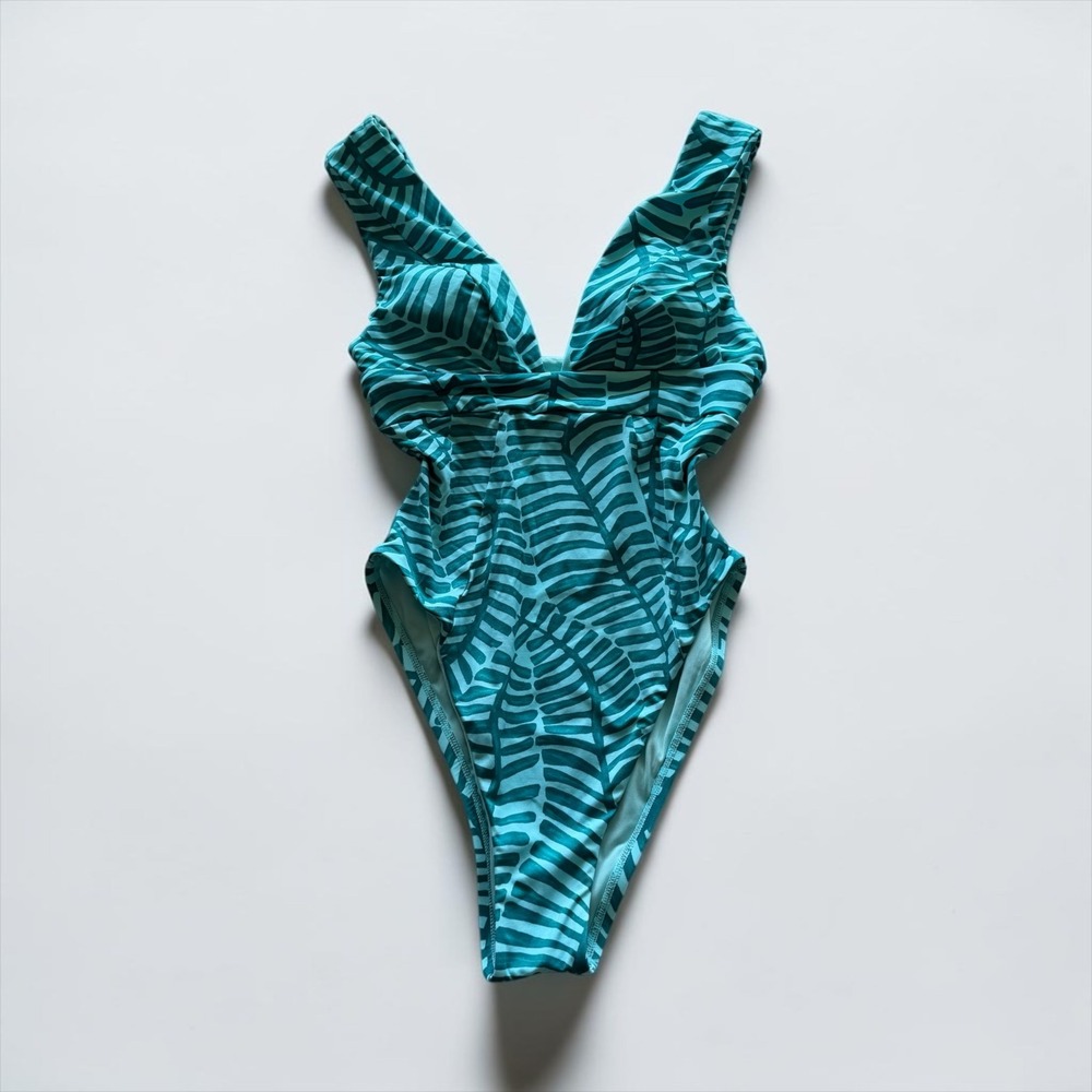 Vitamin A Sustainable Swimwear Teal Palm Leaf One Piece Swimsuit Size S Cutout